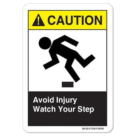 ANSI Caution Sign, Avoid Injury Watch Your Step, 7in X 5in Decal